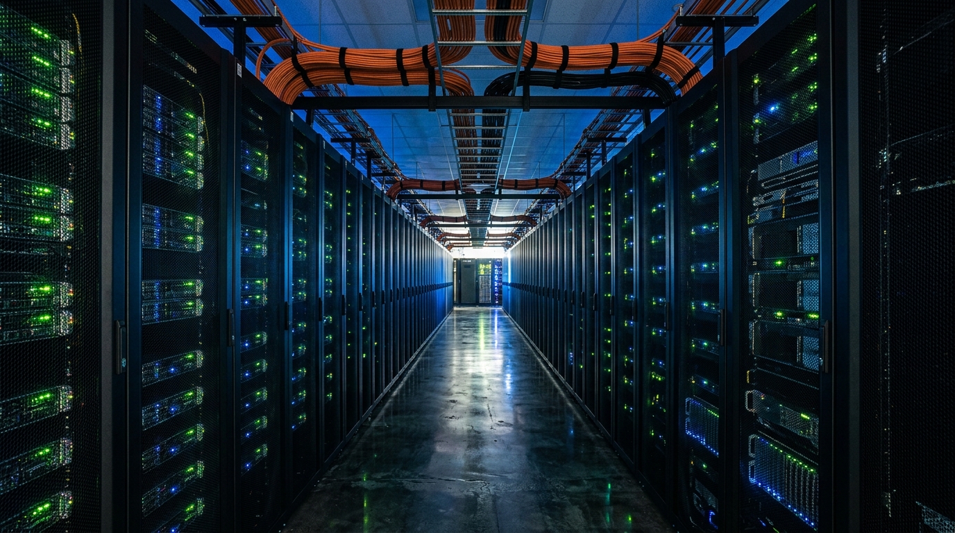 Server racks running overnight, where a WhatsApp offline gateway sends messages with your computer off