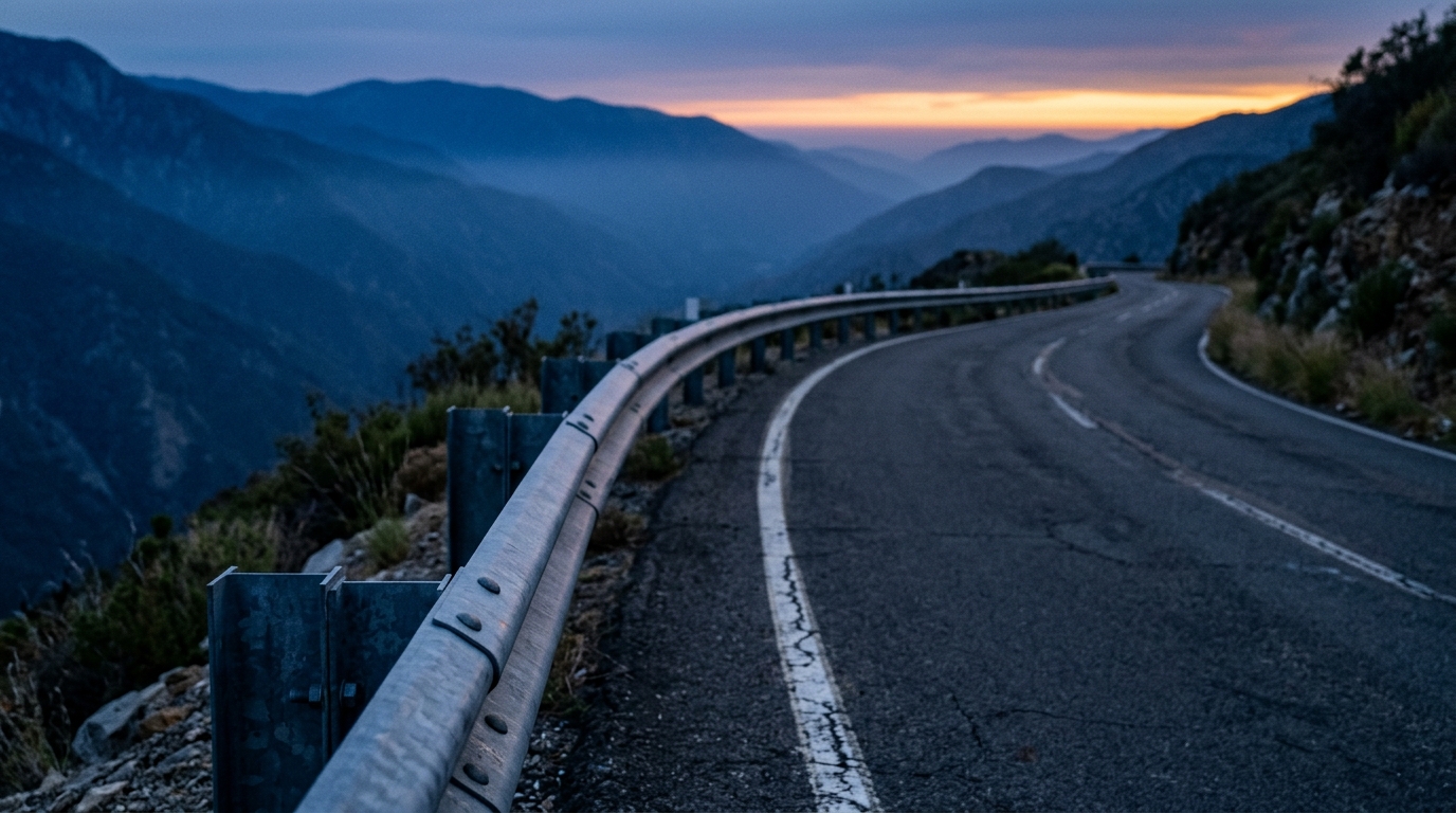 Steel guardrail along a curving mountain road at dusk, the guardrails that keep AI WhatsApp automation safe