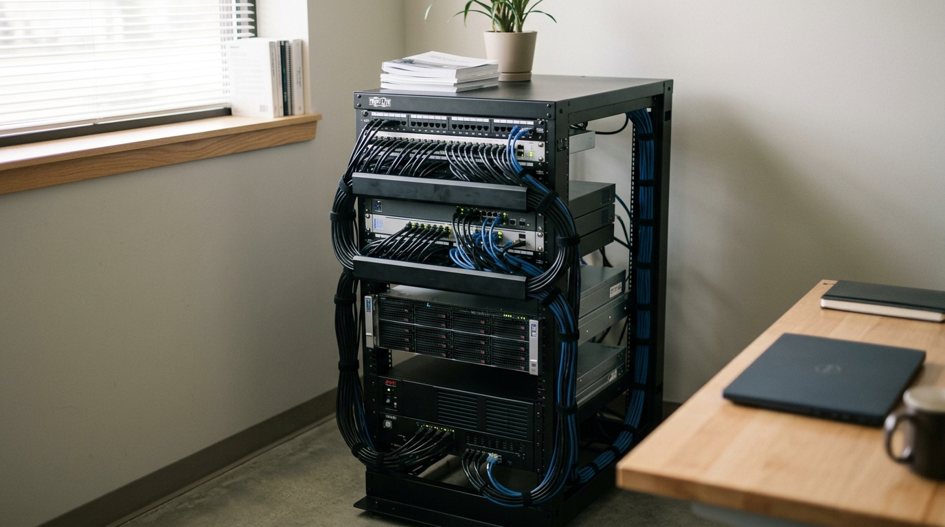 A tidy server rack with neatly managed cabling, a reliable always-on background worker draining WhatsApp send jobs one at a time