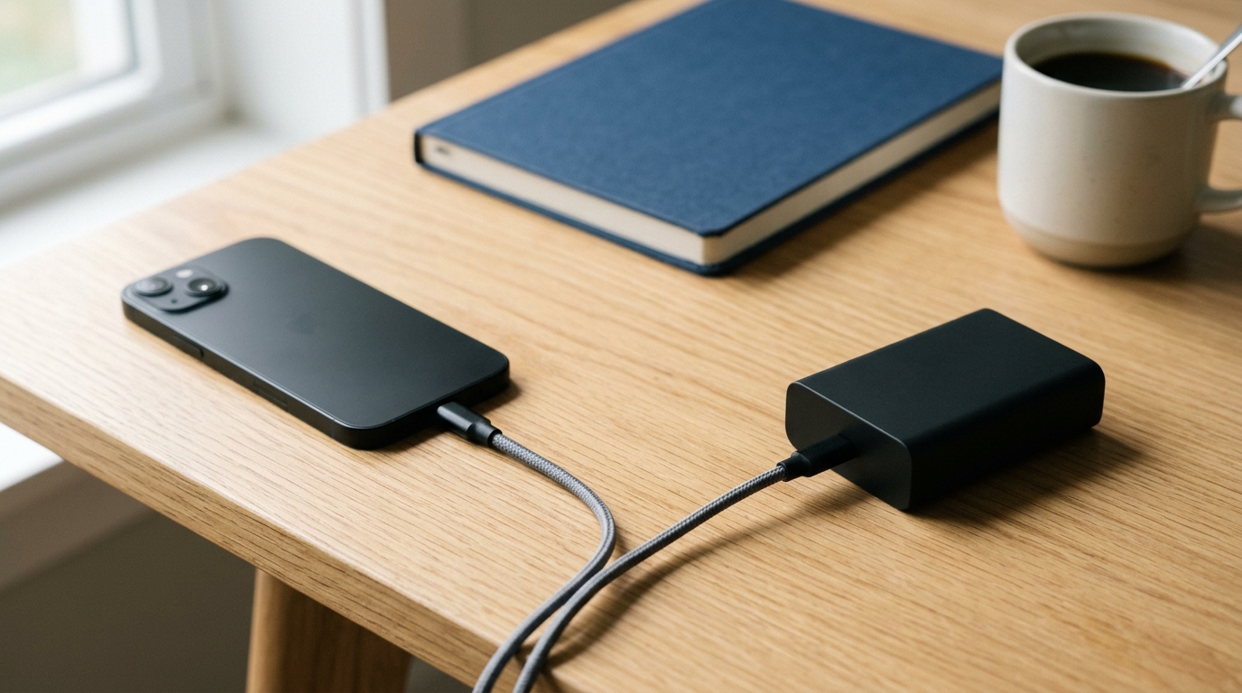 A calm split workspace with a phone on one side and a small server on the other, joined by one clean cable, the iOS-through-your-own-backend Swift path