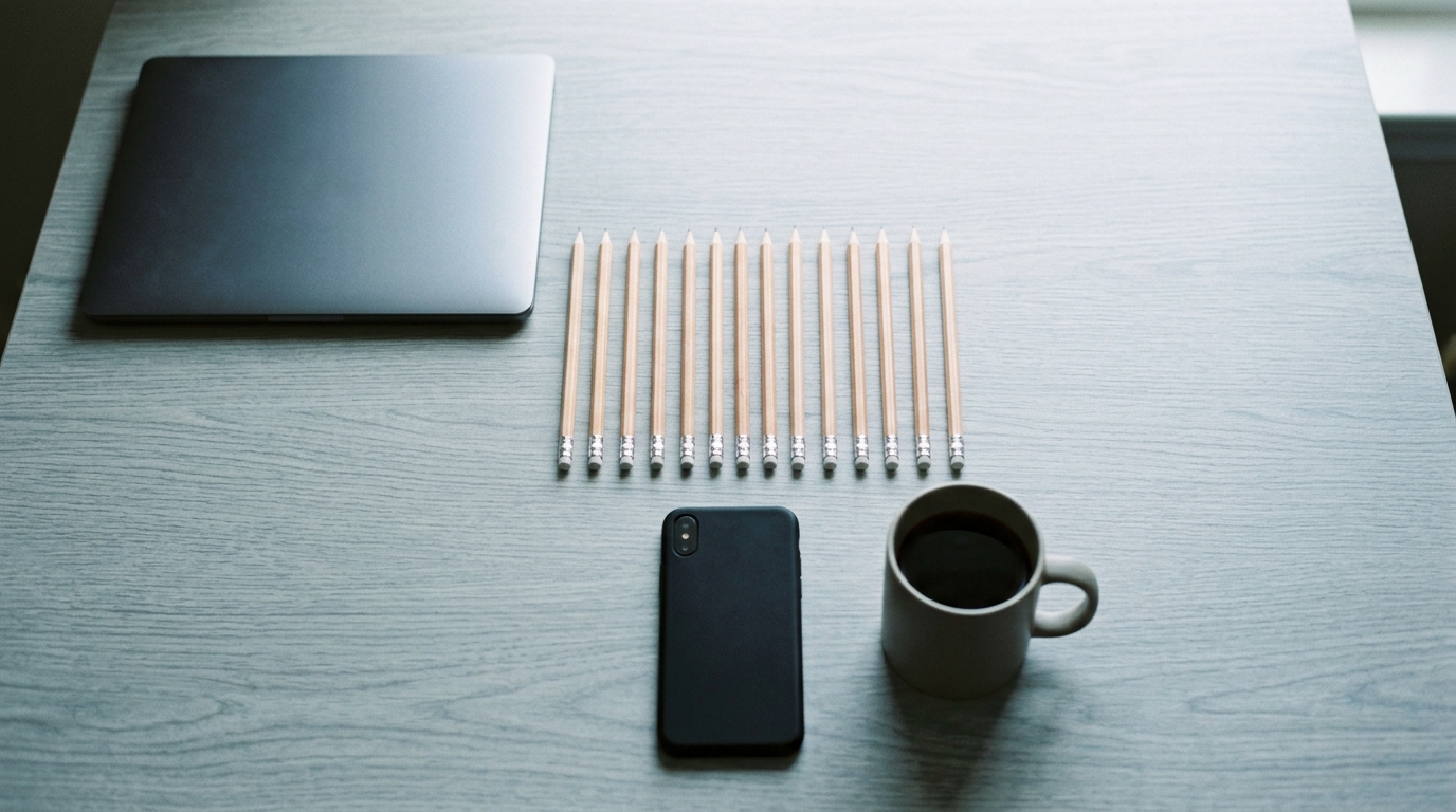 A tidy flat-lay with a closed laptop, a face-down phone, coffee, and one neat evenly-spaced row of identical pencils, an orderly Swift send workflow