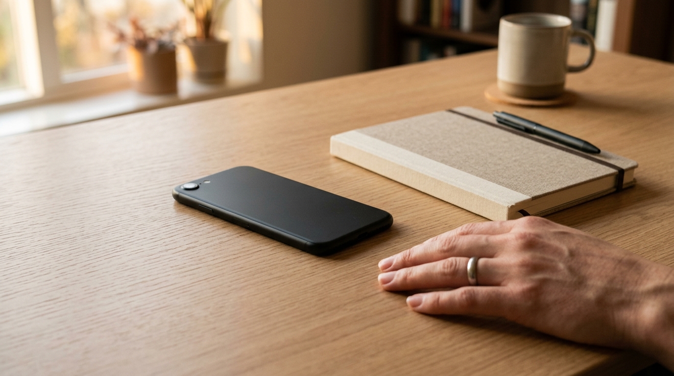 A smartphone face-down on a calm wooden desk beside a hand and a closed notebook, a WhatsApp send confirmed from a Swift workflow