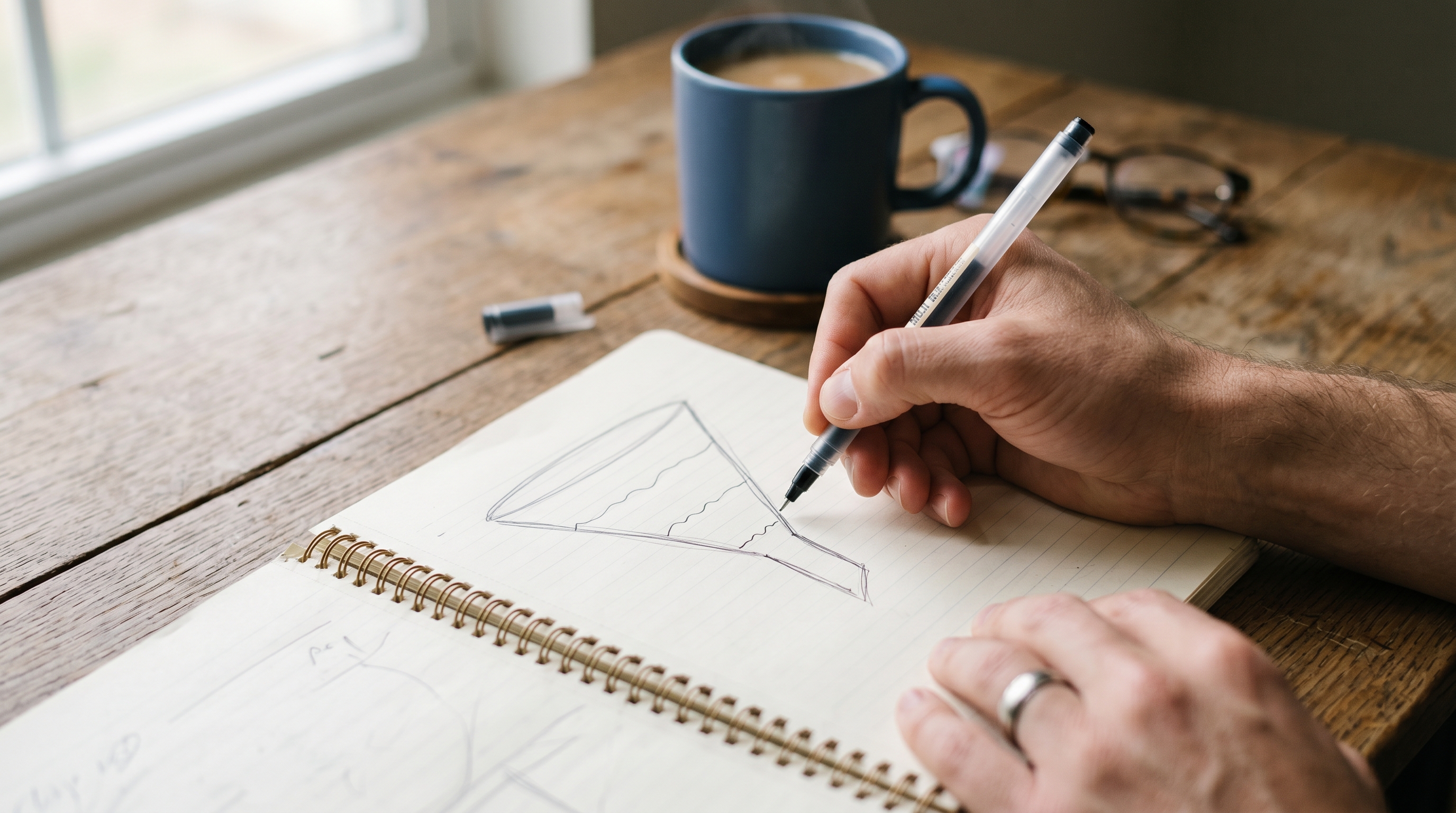 Close-up of a hand sketching a simple top-to-bottom funnel diagram in a paper notebook with a pen