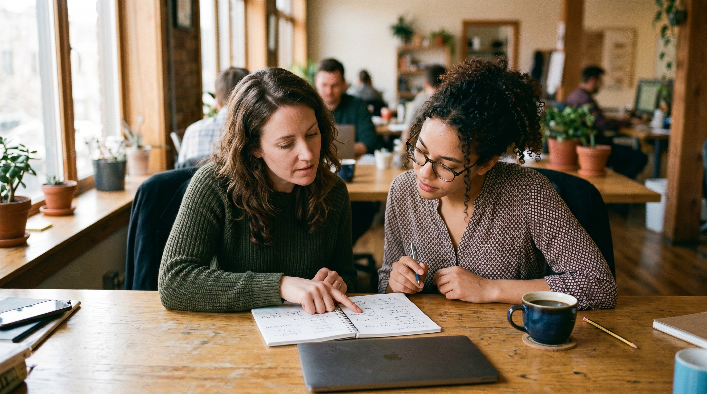Two coworkers at a desk reviewing notes together, a closed laptop between them, relaxed and mid-discussion