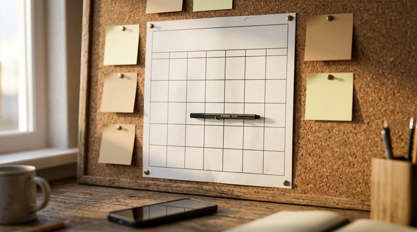 Paper wall calendar with a pen marking today's date, illustrating scheduling a message for later