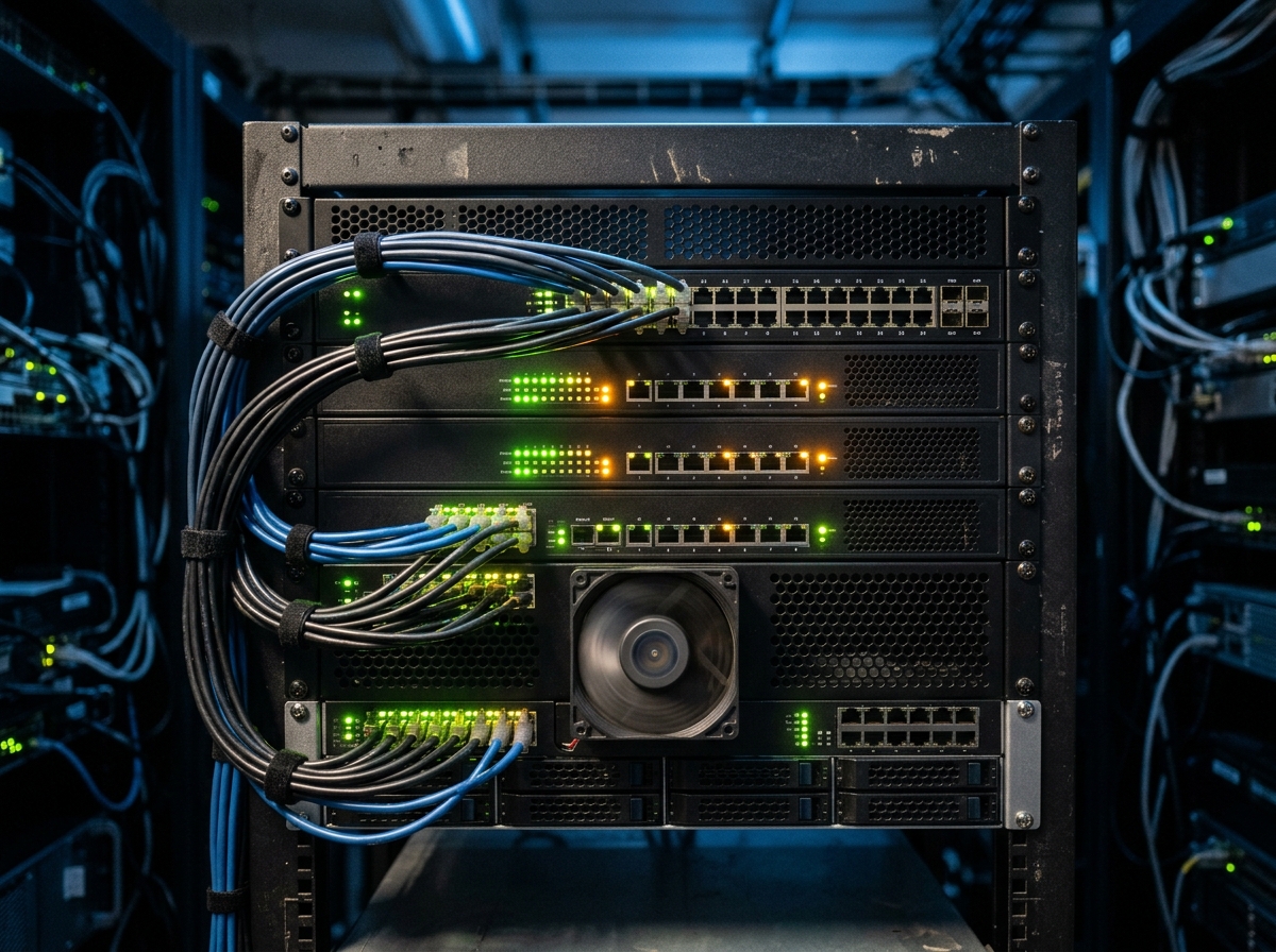Small server rack with glowing status lights in a dim room, representing webhook delivery and retries